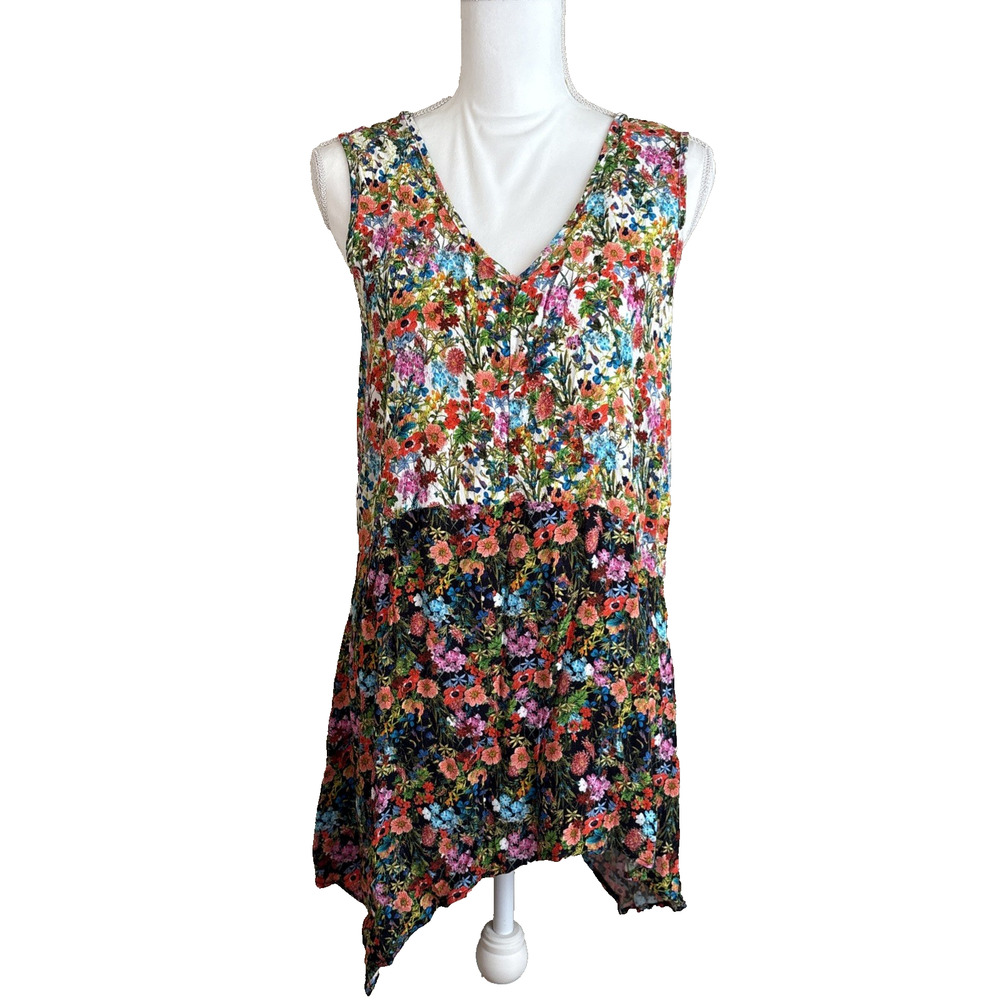 Apropos Womens Tunic Tank Top Wide Strap Colorblock Floral Lagenlook, Size L
